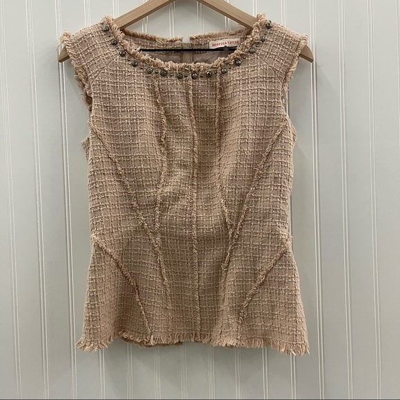 Rebecca Taylor Taupe Tweed Stud Embellished Sleeveless Peplum Top Sz 4 - Picture 2 of 8